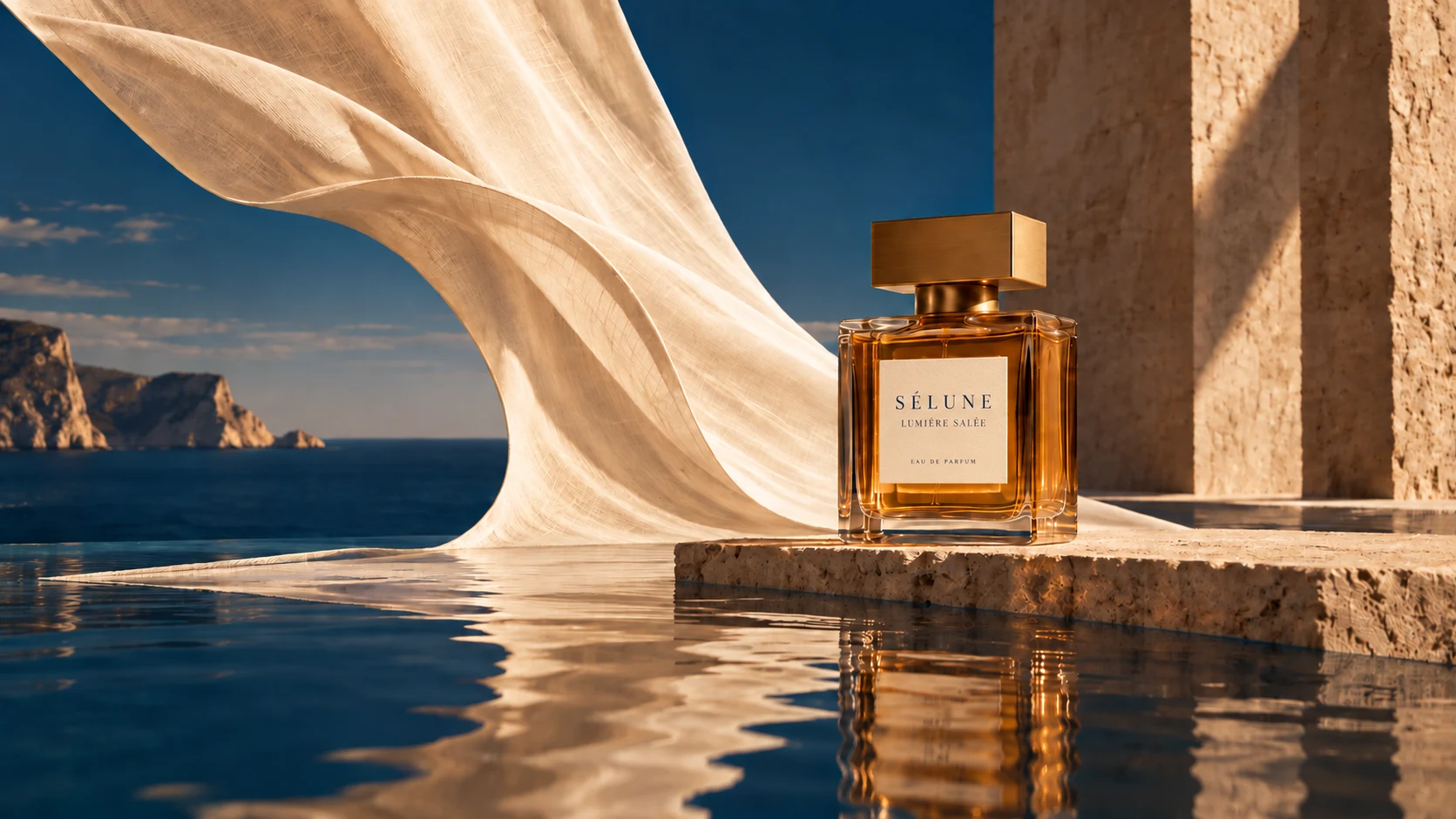 Sélune, Lumière salée : flacon ambré, voile de lin et architecture minérale au bord de l’eau.